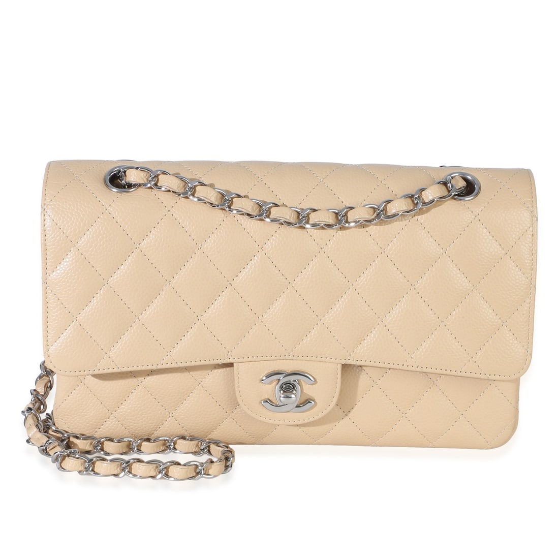 Chanel Medium Double Flap Beige Caviar Quilted Shoulder Bag: Chanel Medium Double Flap Beige Caviar Quilted Shoulder Bag Pre-owned Chanel Medium Double Flap shoulder bag in beige quilted caviar leather. This unisex handbag features a turnlock closure, beige lea