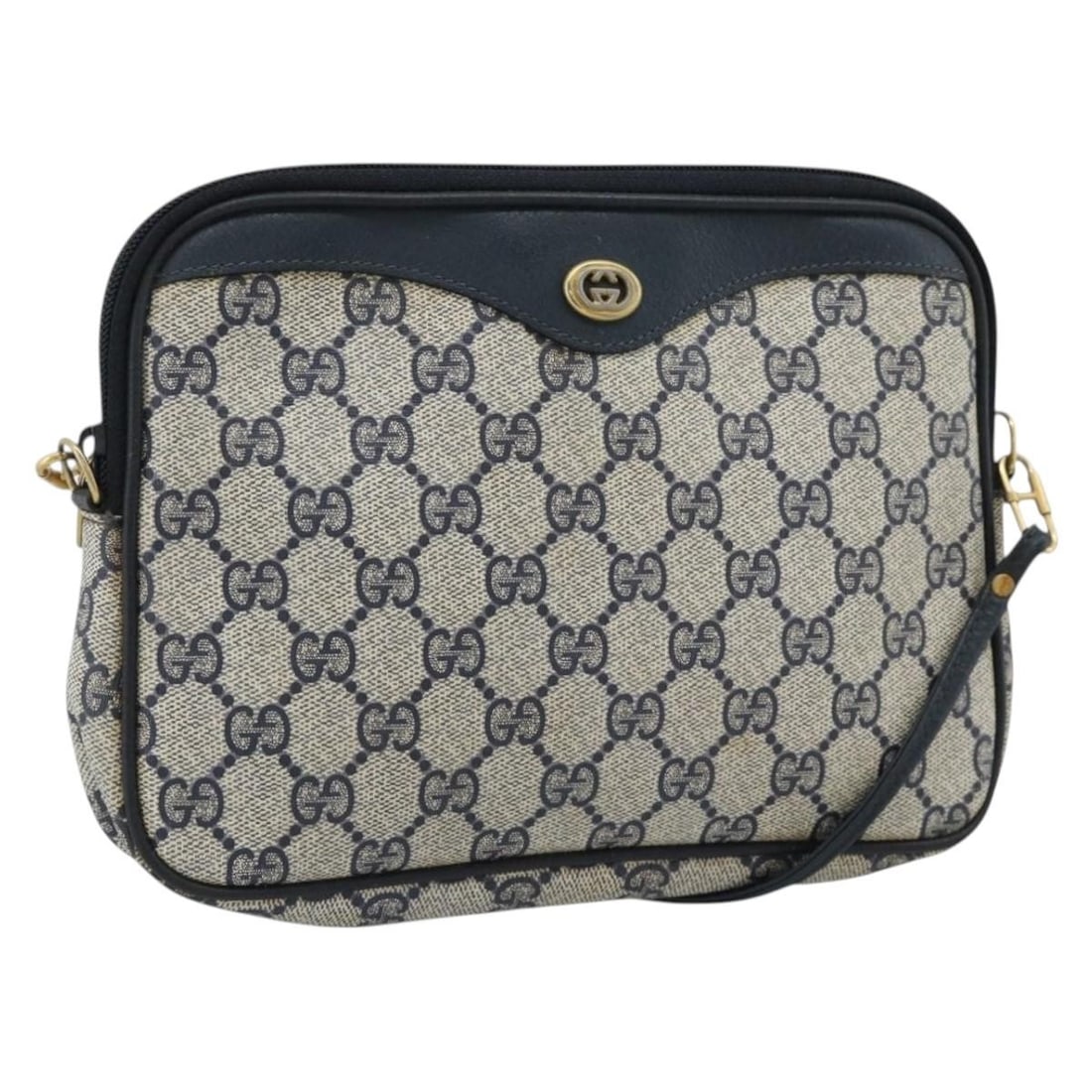 Gucci 97 02 068 GG Supreme PVC Shoulder Bag Navy Gold: Gucci 97 02 068 GG Supreme PVC Shoulder Bag Navy Gold Gucci GG Supreme shoulder bag in navy and gold, made from PVC leather and GG canvas. This Italy-made bag measures approximately W23 x H16 x D5 cm 