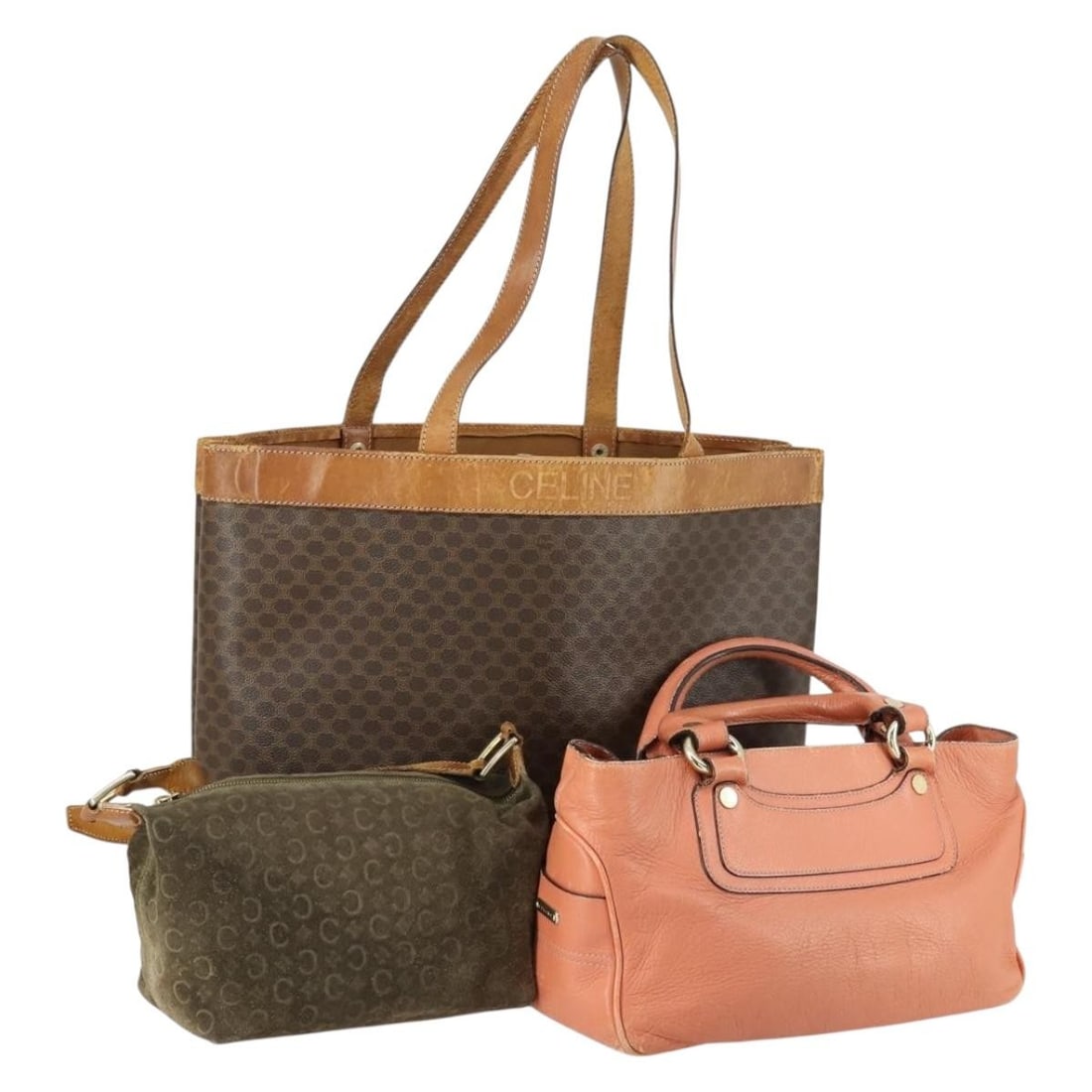 Celine C Macadam 3 Bag Set Brown Pink PVC Suede Leather: Celine C Macadam 3 Bag Set Brown Pink PVC Suede Leather A CELINE shoulder bag in brown and pink, made from C Macadam canvas and leather with suede leather noted in the title. The bag is offered as a 3