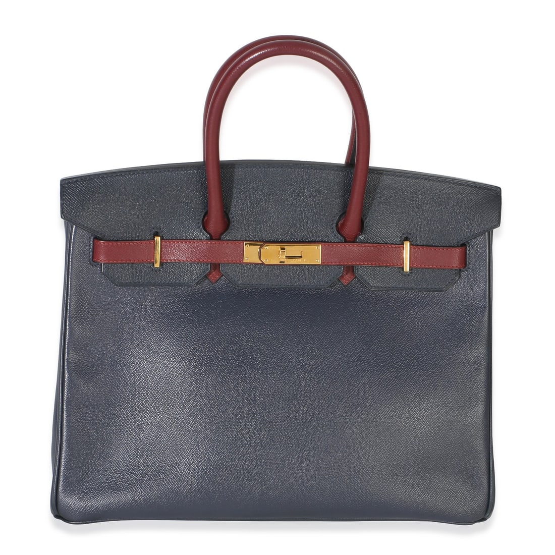 Hermes Birkin 35 Rouge H Bleu Marine Leather Gold Tone Turnlock: Hermes Birkin 35 Rouge H Bleu Marine Leather Gold Tone Turnlock This Hermes Vintage Birkin 35 features a striking combination of Rouge H and Bleu Marine Courchevel leather. The bag is designed with a 