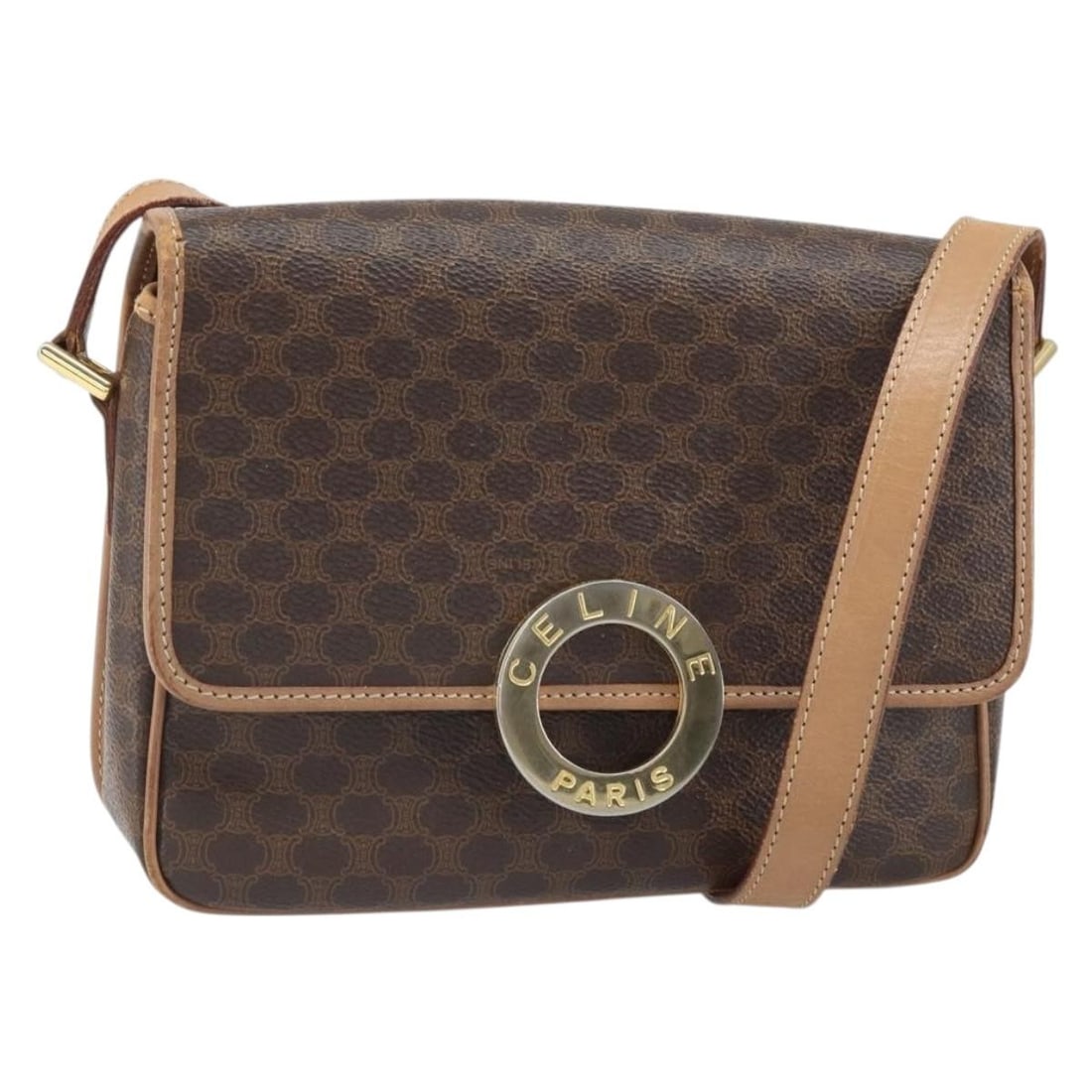 Celine Circle Shoulder Bag Macadam Canvas PVC Leather Brown Gold: Celine Circle Shoulder Bag Macadam Canvas PVC Leather Brown Gold A CELINE shoulder bag in brown and gold, made from PVC leather and Macadam canvas. It features a shoulder strap with an approximate dro