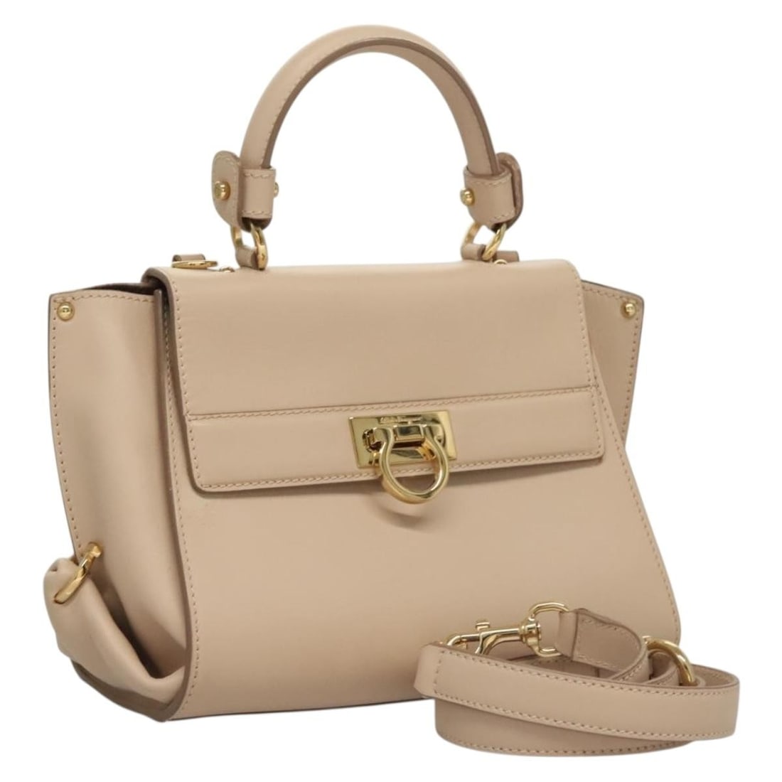 Salvatore Ferragamo Sofia Gancini 2way Leather Handbag Beige Gold Strap: Salvatore Ferragamo Sofia Gancini 2way Leather Handbag Beige Gold Strap A Salvatore Ferragamo Gancini Sofia handbag in beige and gold leather, designed as a 2-way style with a shoulder strap accessory