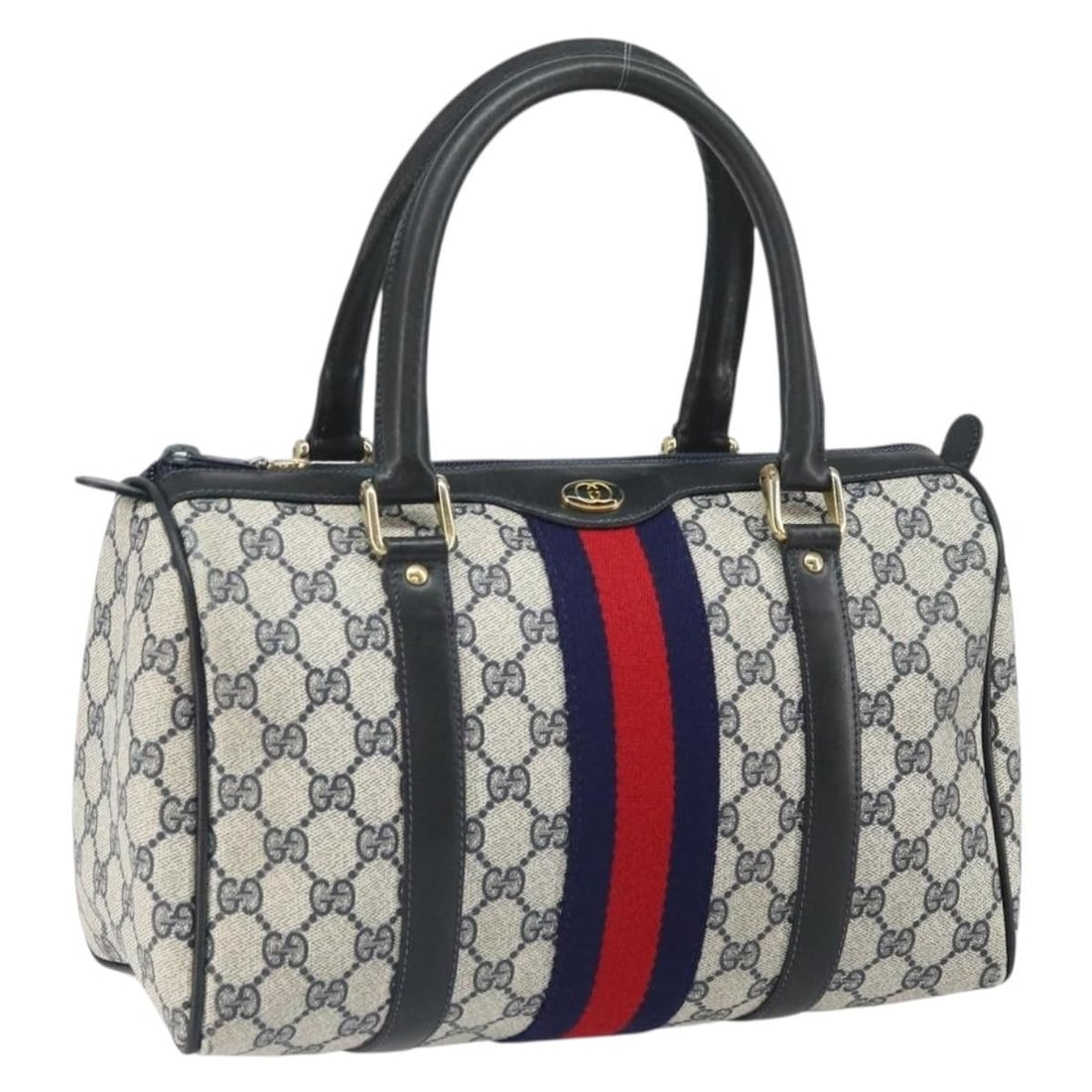 Gucci GG Supreme Navy Boston Bag Sherry Line PVC Leather 010 47 301: Gucci GG Supreme Navy Boston Bag Sherry Line PVC Leather 010 47 301 This is an authentic GUCCI GG Supreme Sherry Line Boston Bag crafted from navy and gold PVC leather with GG canvas. Designed for wom