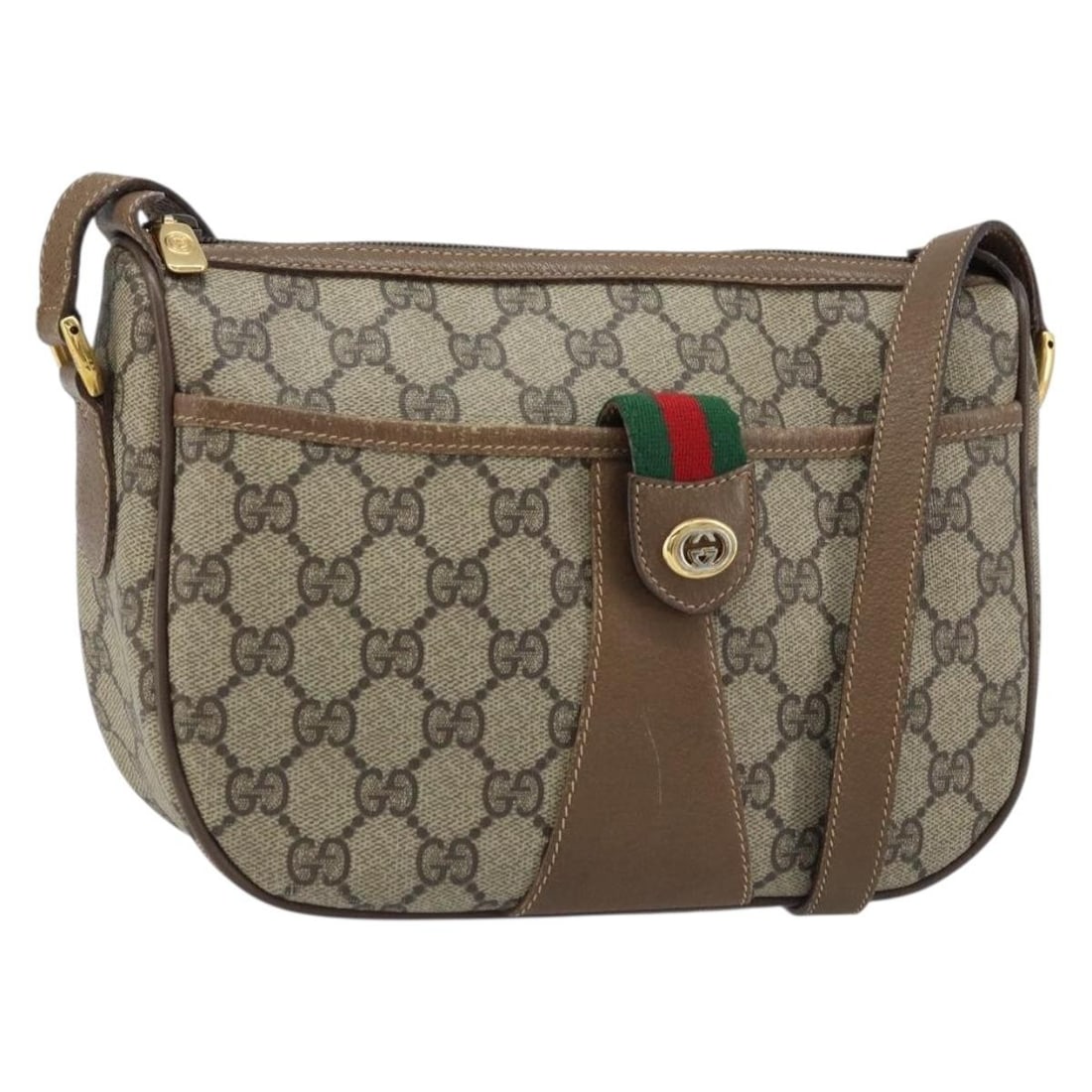 Gucci Sherry Line GG Supreme PVC Shoulder Bag Beige Gold 56 02 032: Gucci Sherry Line GG Supreme PVC Shoulder Bag Beige Gold 56 02 032 Gucci GG Supreme Web Sherry Line shoulder bag in beige and gold, made from PVC leather and GG canvas. It is an Italy-made bag with a 
