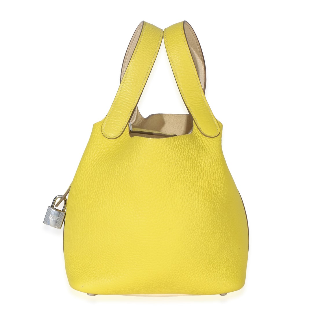 Hermes Picotin Lock 18 Leather Top Handle Bag: Hermes Picotin Lock 18 Leather Top Handle Bag This Hermes Picotin Lock 18 handbag features a striking bi-color design in lime and nata shades. Crafted from high-quality leather with a suede lining, it