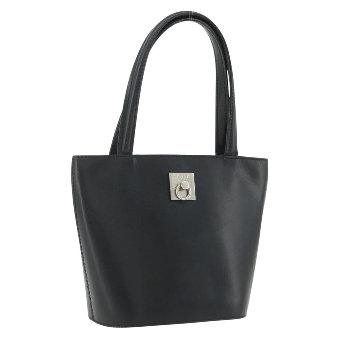CELINE black leather handbag silver accents Italy: CELINE black leather handbag silver accents Italy This CELINE handbag features a classic design crafted from black leather with silver-tone accents. Made in Italy, it is sized for convenience and styl