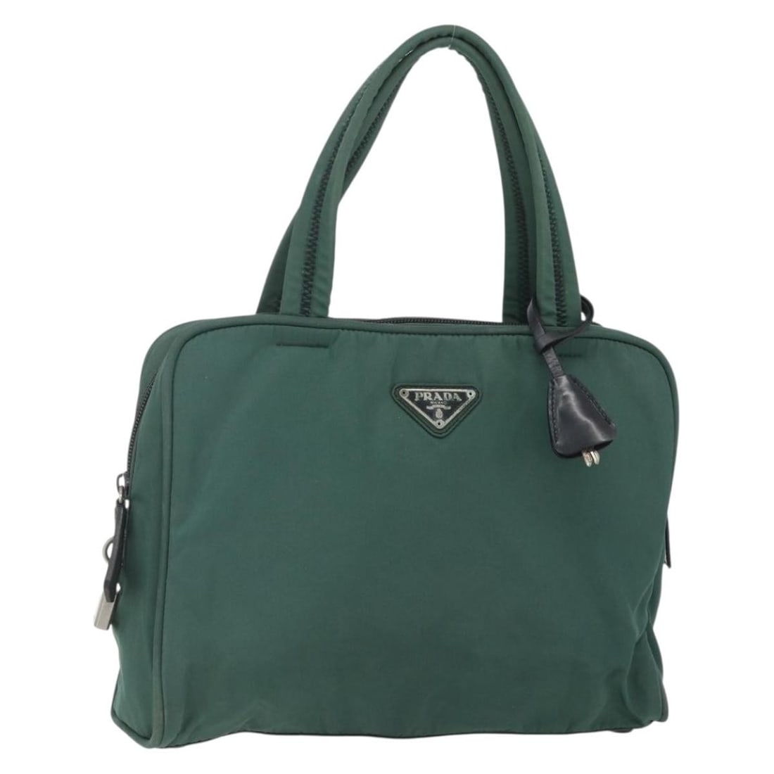 Prada green silver nylon handbag with padlock and keys: Prada green silver nylon handbag with padlock and keys This PRADA handbag features a green and silver nylon exterior, offering a stylish and functional accessory for everyday use. Designed for women, 