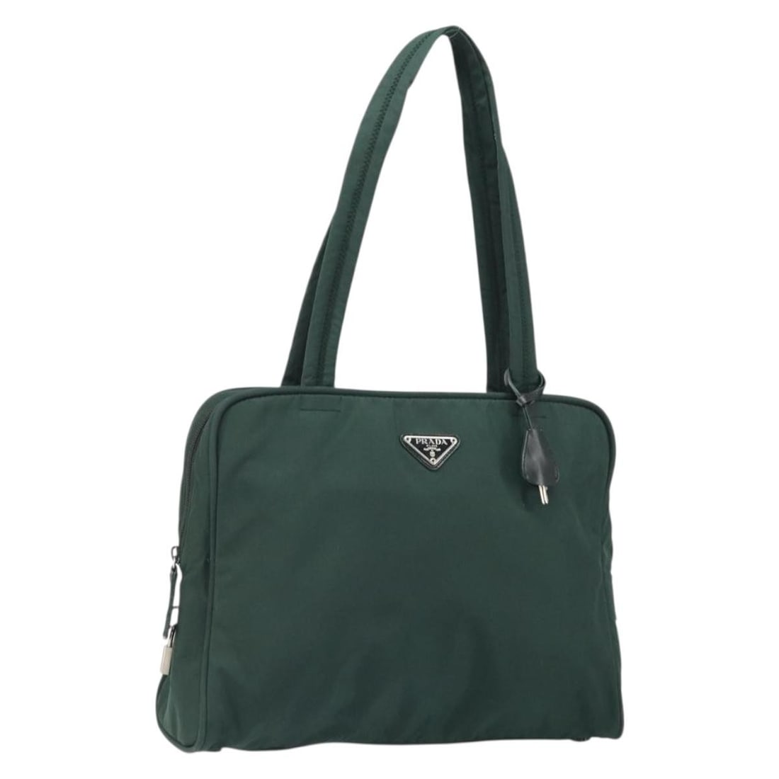 Prada nylon green silver women tote bag Italy padlock key clochette: Prada nylon green silver women tote bag Italy padlock key clochette This PRADA tote bag features a green and silver nylon exterior with silver-tone hardware. Made in Italy, it offers a spacious interi
