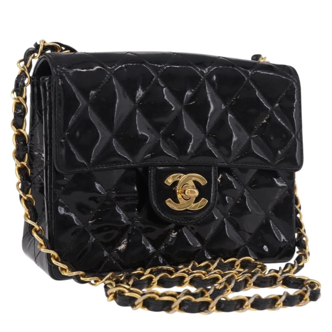 CHANEL Mini Matelasse Patent Leather Shoulder Bag Black Gold CC: CHANEL Mini Matelasse Patent Leather Shoulder Bag Black Gold CC Chanel Mini Matelasse 17 chain bag in black patent leather with gold-tone details. This shoulder bag comes with a dust bag, item box, an