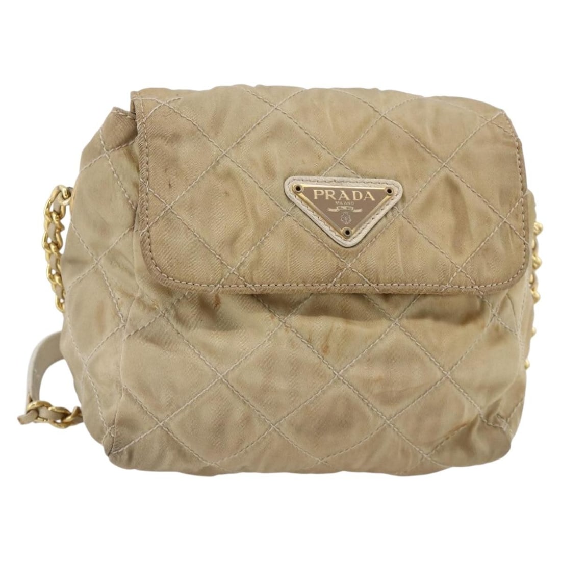 PRADA Beige Nylon Shoulder Bag with Gold Chain Strap: PRADA Beige Nylon Shoulder Bag with Gold Chain Strap Prada chain shoulder bag in beige/gold nylon, made in Italy. This women's shoulder bag measures approximately 15 cm x 15 cm x 8 cm, with a shoulder