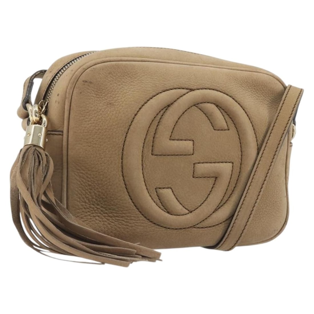 GUCCI 308364 Soho Leather Shoulder Bag Beige Gold Tone: GUCCI 308364 Soho Leather Shoulder Bag Beige Gold Tone This Gucci Soho shoulder bag is crafted from leather in a beige and gold tone colorway. Made in Italy, it features a shoulder strap with an appro