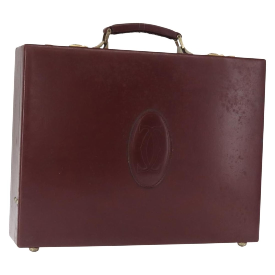 Cartier Bordeaux Leather Attache Handbag with Gold Accents: Cartier Bordeaux Leather Attache Handbag with Gold Accents This is a Cartier attache-style hand bag crafted from bordeaux leather with gold-tone accents. The bag features a structured silhouette, dual