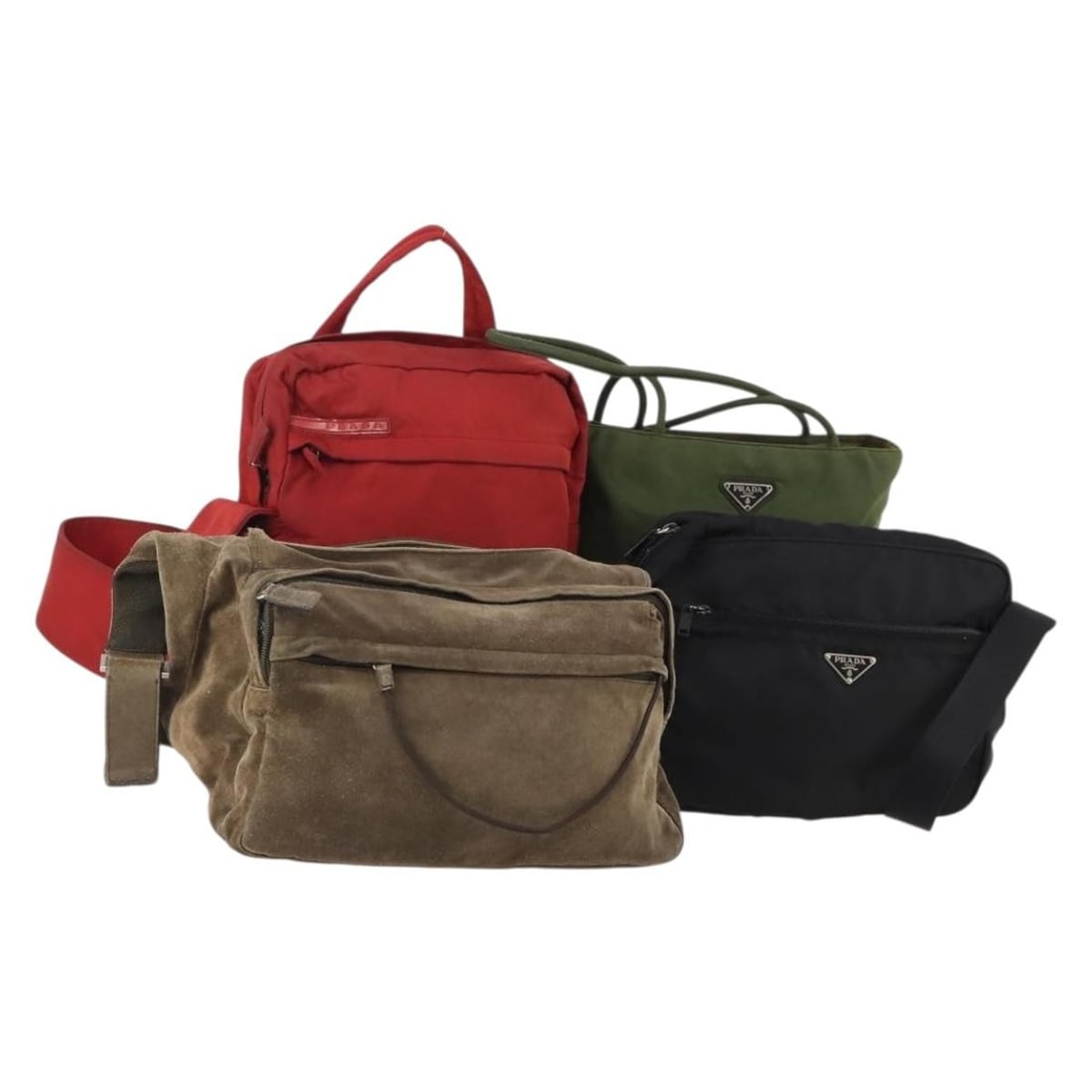 Set of 4 Prada Nylon Shoulder Bags Khaki Black Red: Set of 4 Prada Nylon Shoulder Bags Khaki Black Red This PRADA shoulder bag is crafted in nylon and presented in khaki, black, and red. Made in Italy, it is offered as a special bundle set and includes