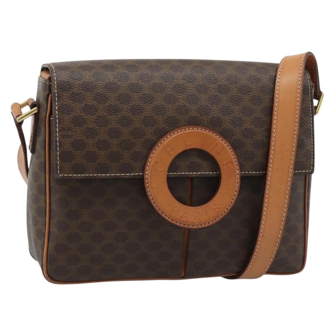 CELINE Macadam Shoulder Bag Brown PVC Leather Gold Tone: CELINE Macadam Shoulder Bag Brown PVC Leather Gold Tone A CELINE Macadam canvas shoulder bag in brown and gold, made in Italy from PVC leather and Macadam canvas. It features a shoulder strap with an 