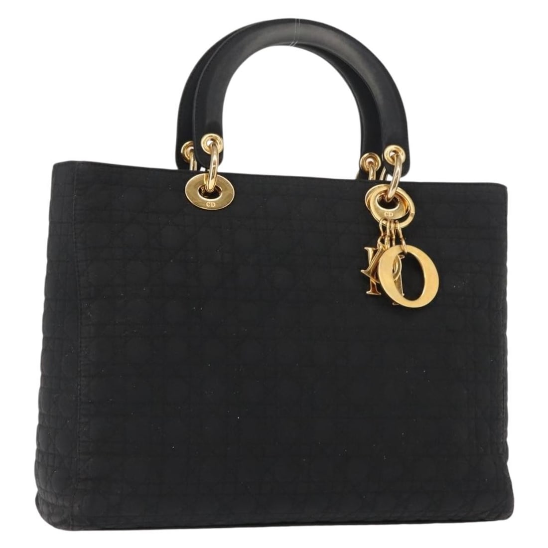 Christian Dior Cannage Nylon Hand Bag Black Gold Charm: Christian Dior Cannage Nylon Hand Bag Black Gold Charm Christian Dior hand bag in black and gold nylon, made in Italy. It comes with a charm accessory and is designed for women. The bag measures appro