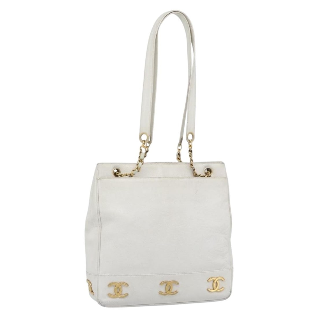 CHANEL White Caviar Skin Shoulder Bag with CC Chain: CHANEL White Caviar Skin Shoulder Bag with CC Chain Chanel shoulder bag in white caviar skin with gold-tone CC detailing. Made in Italy, this women's bag is offered without the original box or dust ba