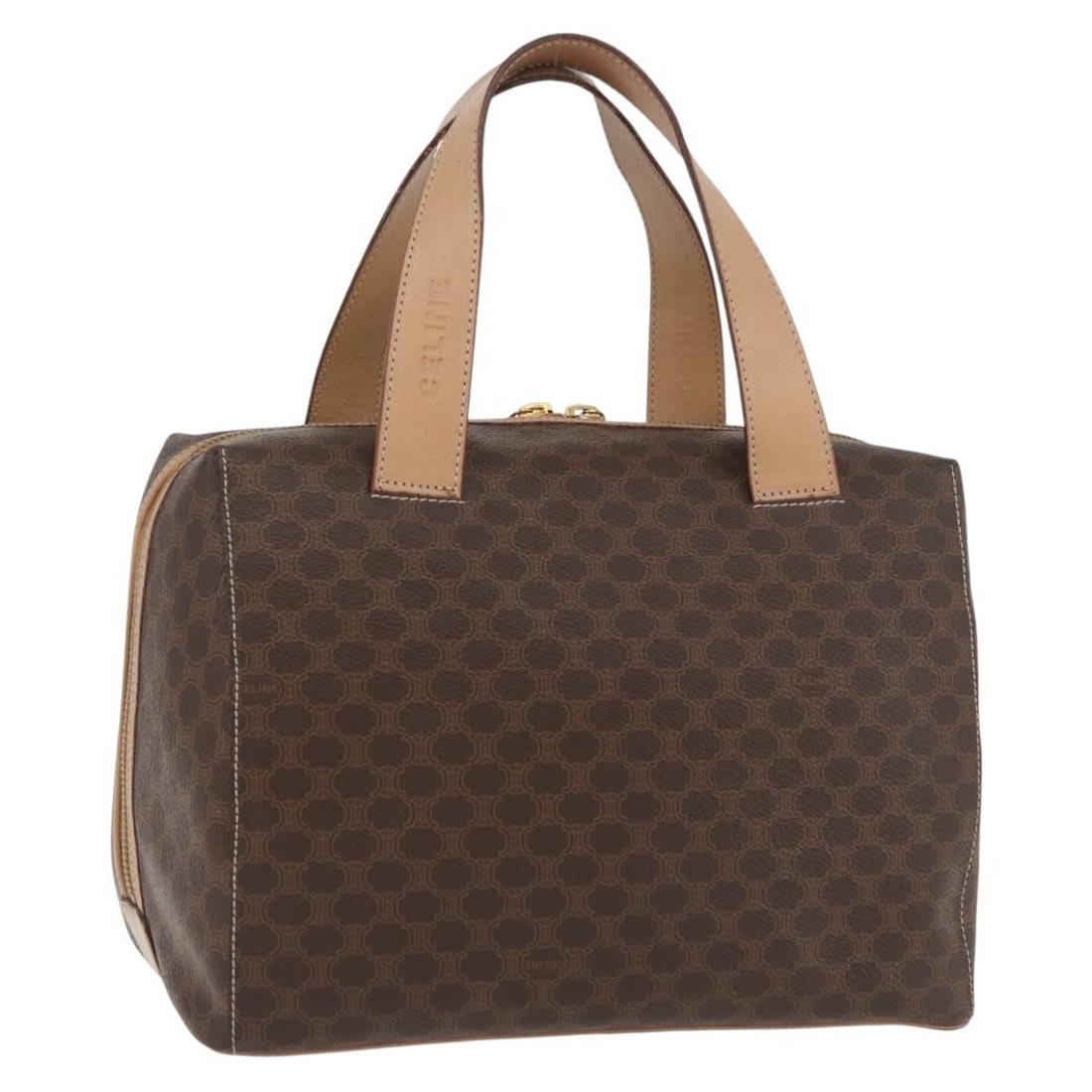 Celine Macadam Boston Bag Brown PVC Leather Gold Tone Hardware: Celine Macadam Boston Bag Brown PVC Leather Gold Tone Hardware A CELINE Boston bag in brown and gold, made from PVC leather and Macadam canvas. It features a structured shape with a handle drop of app