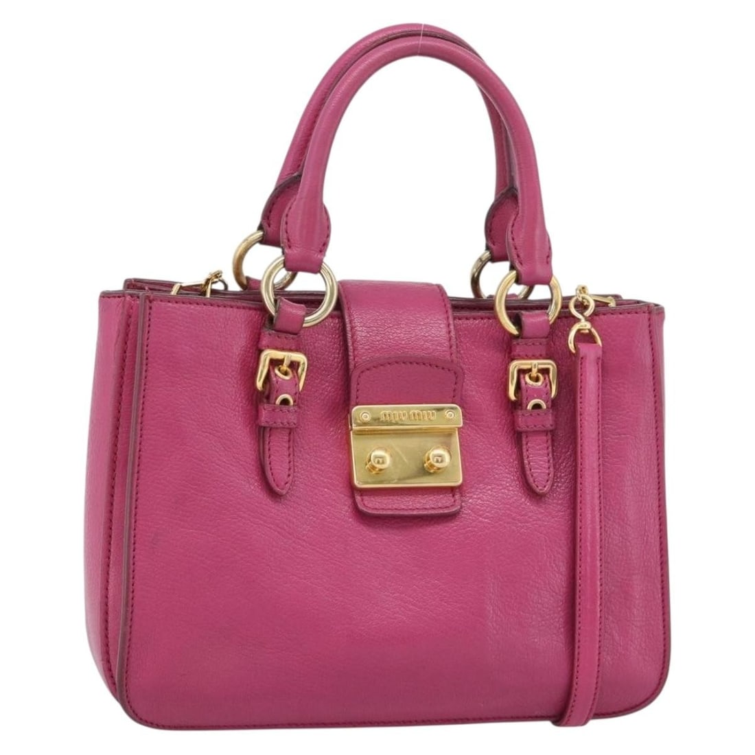 Miu Miu Madras Leather 2way Handbag Pink with Shoulder Strap: Miu Miu Madras Leather 2way Handbag Pink with Shoulder Strap Miu Miu Madras hand bag in leather, designed in pink and gold. It comes with a shoulder strap and is a 2-way style. Made in Italy, this ite