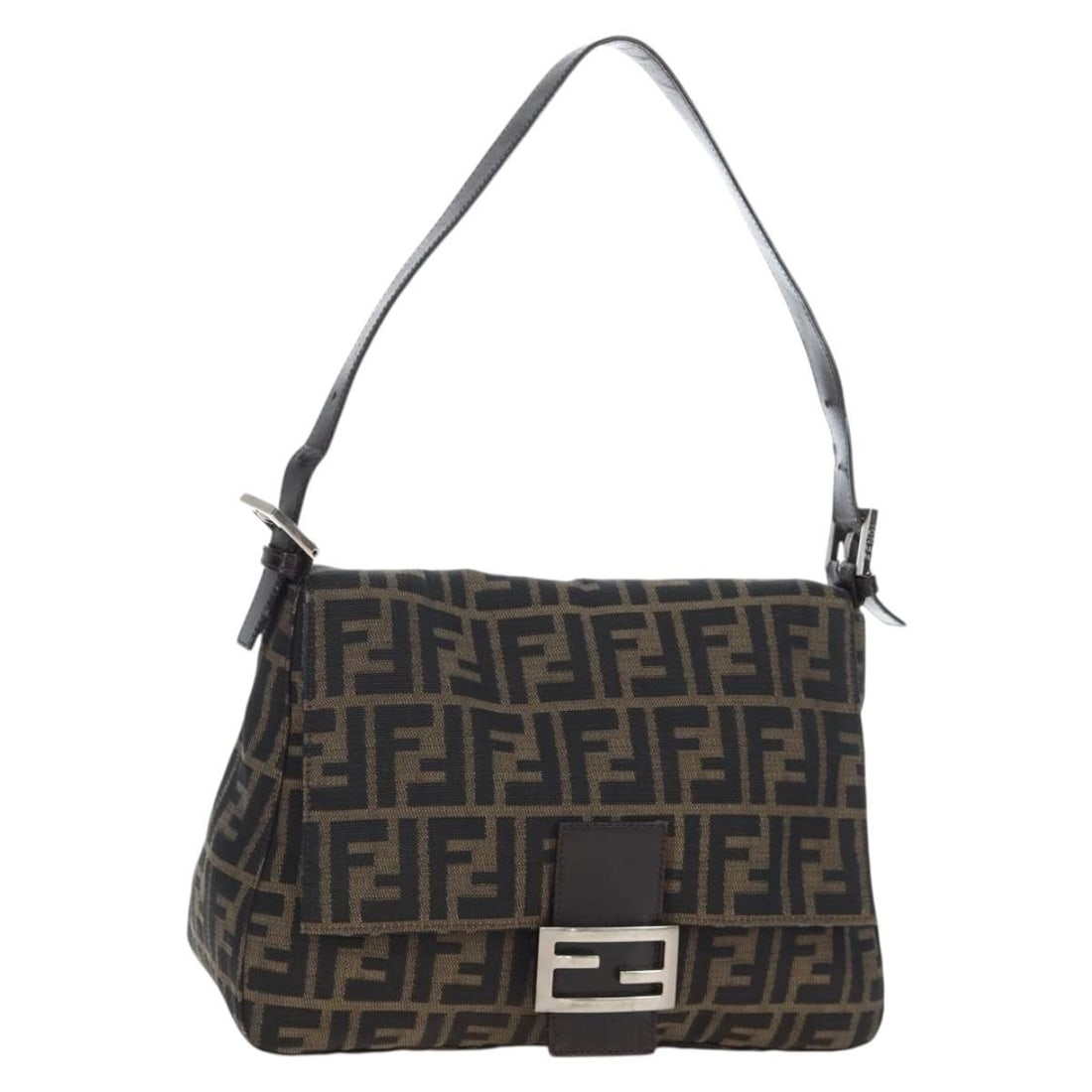 FENDI Mamma Baguette Tote Bag in Brown Black Zucca Canvas: FENDI Mamma Baguette Tote Bag in Brown Black Zucca Canvas Fendi Mamma Baguette tote bag in brown and black Zucca canvas. This women's bag is made in Italy and features an adjustable handle drop. Inclu