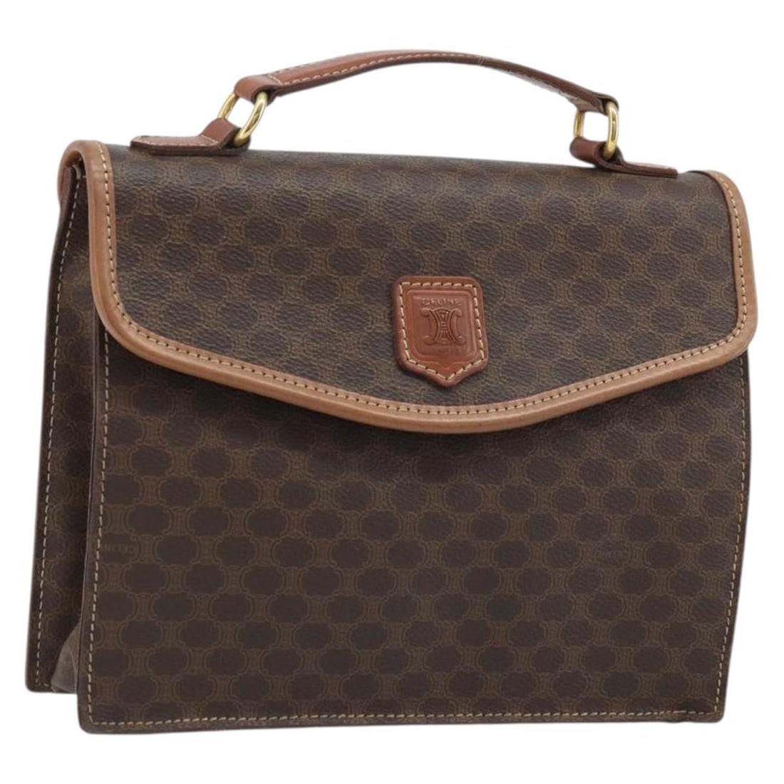 Celine Macadam Brown PVC Leather Handbag with Gold Tone Accents: Celine Macadam Brown PVC Leather Handbag with Gold Tone Accents This CELINE Macadam Canvas handbag features a brown and gold color scheme with PVC leather and Macadam canvas materials. The bag is desi