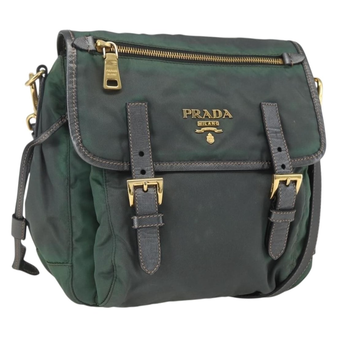 Prada Green Gold Nylon Shoulder Bag Italy Auth: Prada Green Gold Nylon Shoulder Bag Italy Auth This PRADA shoulder bag is crafted from durable nylon in a striking green and gold color combination. Designed for women, it features a spacious interior