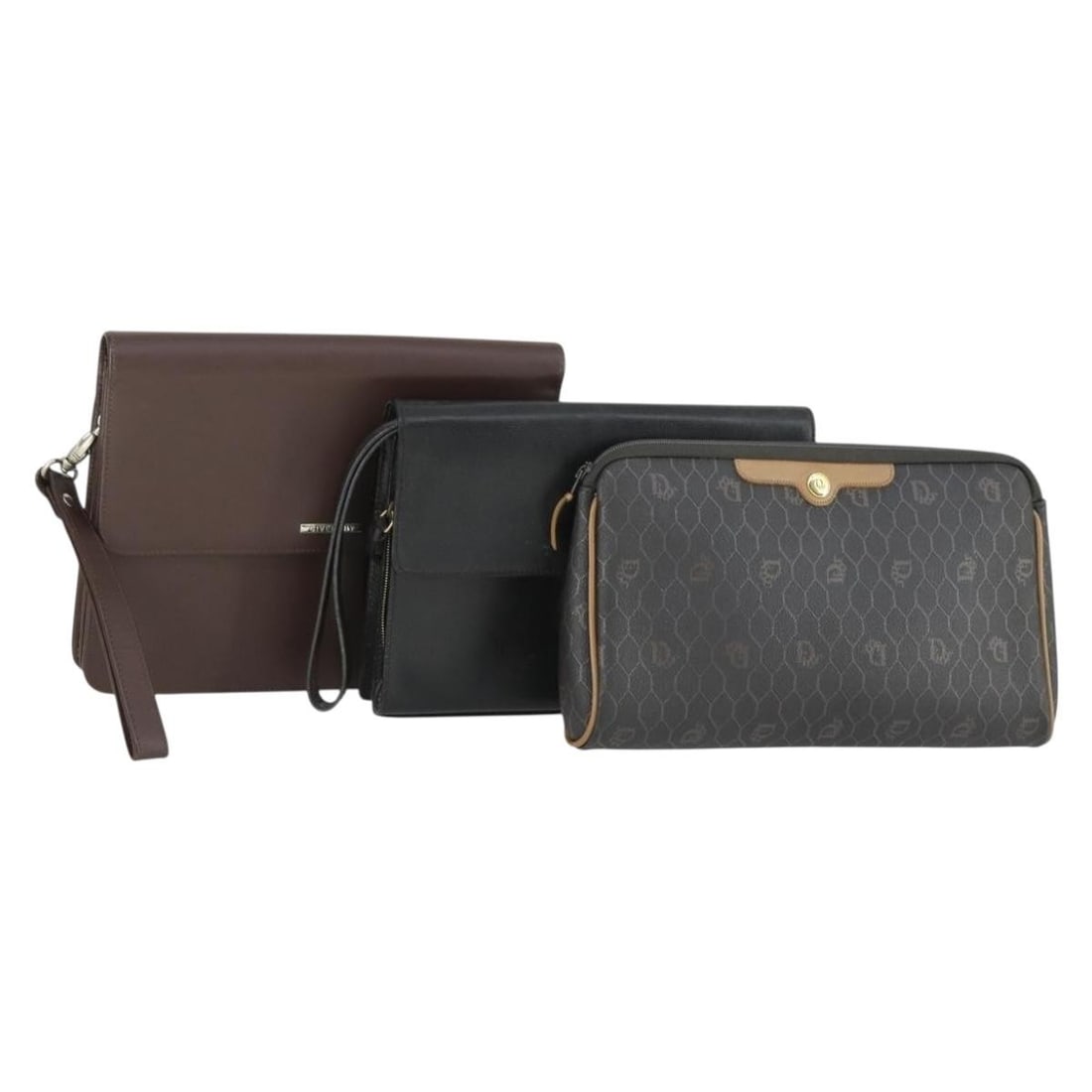 Three-Piece Celine Leather Clutch Set in Brown and Black: Three-Piece Celine Leather Clutch Set in Brown and Black This is a Celine 3-piece clutch bag set, crafted from brown and black leather. The bags are made in Italy and display signs of heavy use, inclu