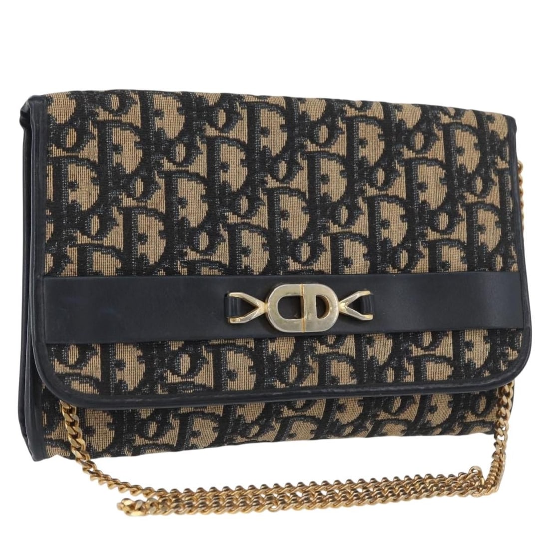 Navy Trotter Canvas Chain Shoulder Bag by Christian Dior: Navy Trotter Canvas Chain Shoulder Bag by Christian Dior This Christian Dior Trotter canvas chain shoulder bag features a navy and gold exterior with the signature Trotter pattern. Designed for women,