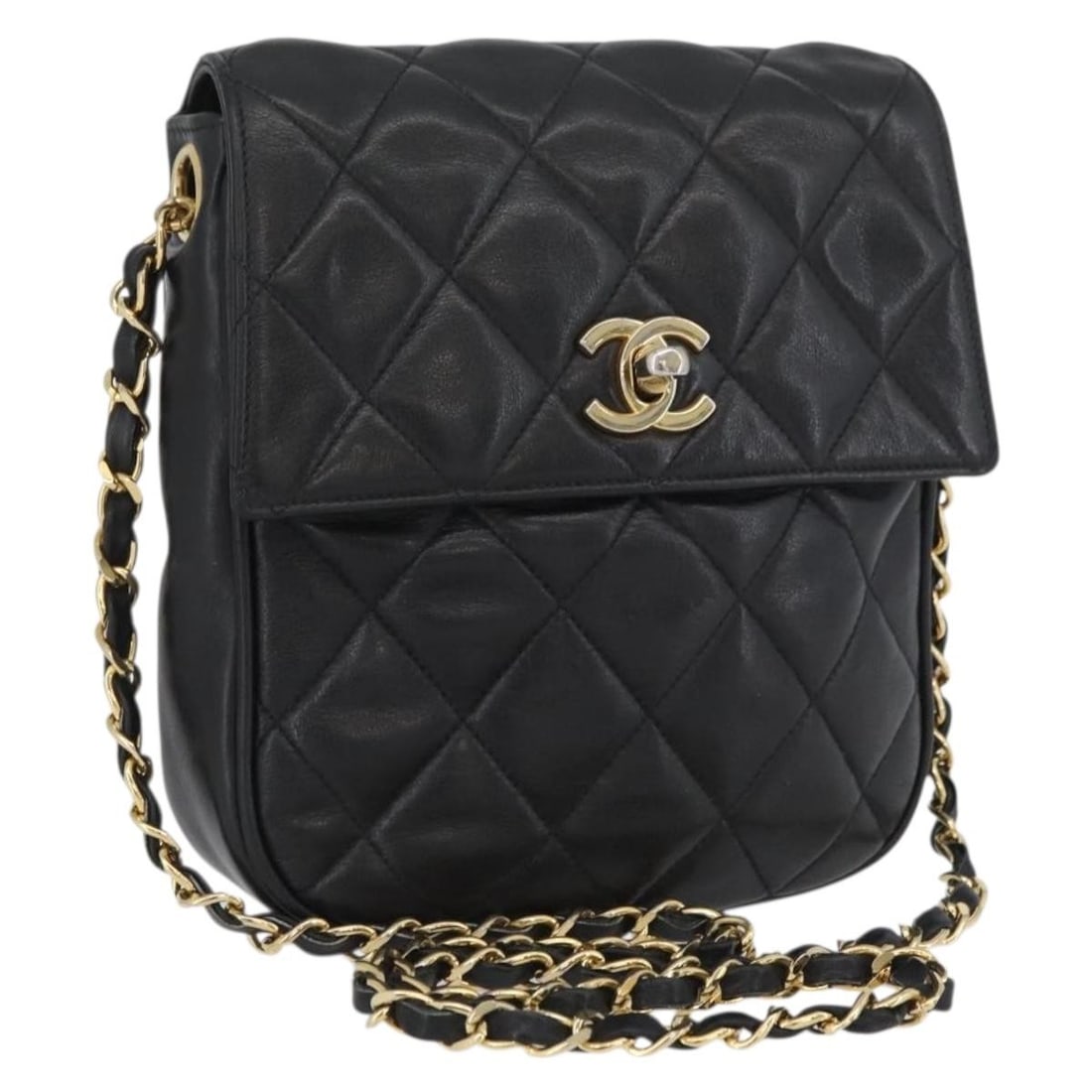 Chanel Black Lambskin Matelasse Shoulder Bag with Gold Chain and CC Logo: Chanel Black Lambskin Matelasse Shoulder Bag with Gold Chain and CC Logo This CHANEL Matelasse chain shoulder bag features luxurious black lambskin leather accented with gold-tone hardware and the ico