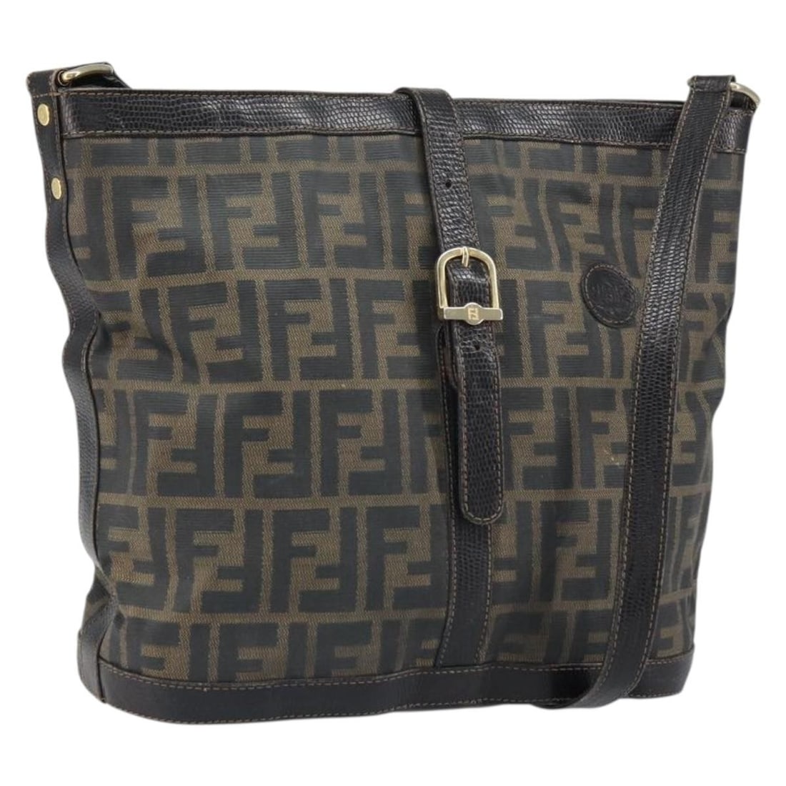 FENDI Zucca Shoulder Bag in Black Brown PVC Leather: FENDI Zucca Shoulder Bag in Black Brown PVC Leather Fendi shoulder bag in black and brown Zucca canvas with PVC leather trim, made in Italy. This women's bag has a structured everyday silhouette with 