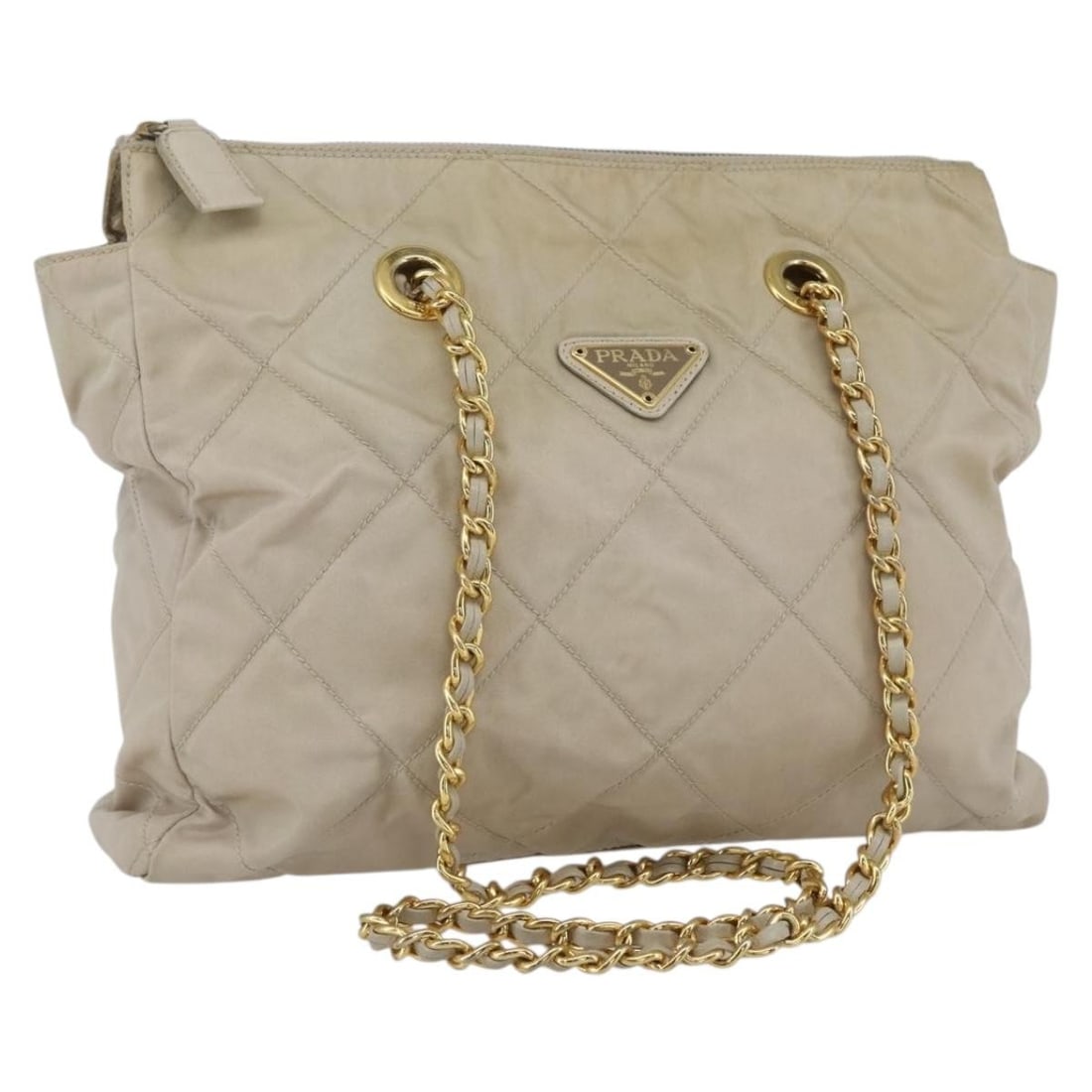 PRADA Nylon Shoulder Bag with Chain Strap Ivory Gold: PRADA Nylon Shoulder Bag with Chain Strap Ivory Gold PRADA shoulder bag in nylon with an ivory and gold color combination, made in Italy. It features a shoulder strap with an approximate 15.0 inch (38