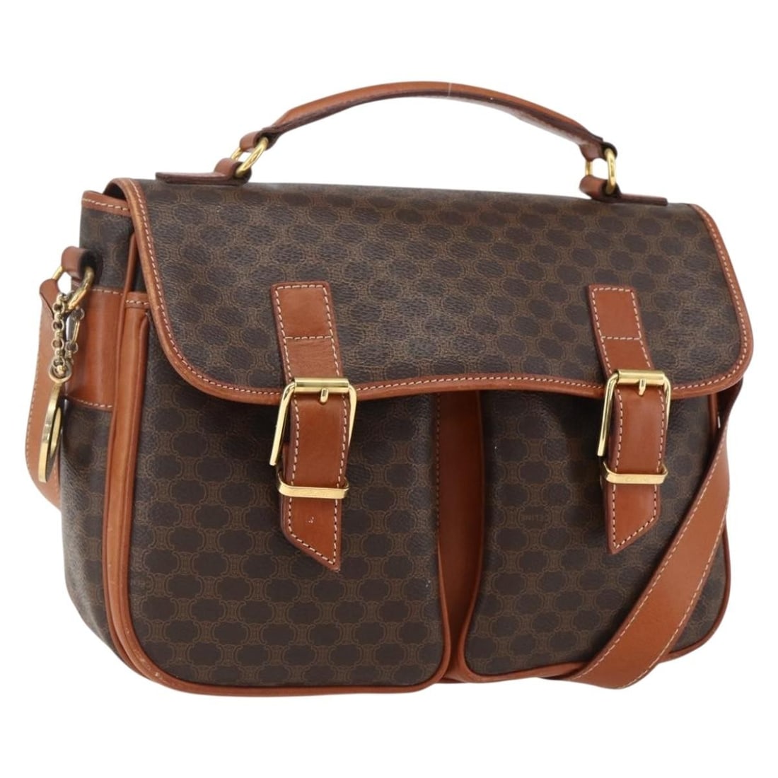 CELINE Macadam 2 Way Handbag Brown PVC Leather Canvas: CELINE Macadam 2 Way Handbag Brown PVC Leather Canvas CELINE Macadam canvas and PVC leather 2-way handbag in brown and gold. It measures approximately W27 x H21 x D8 cm, with a shoulder drop of approx