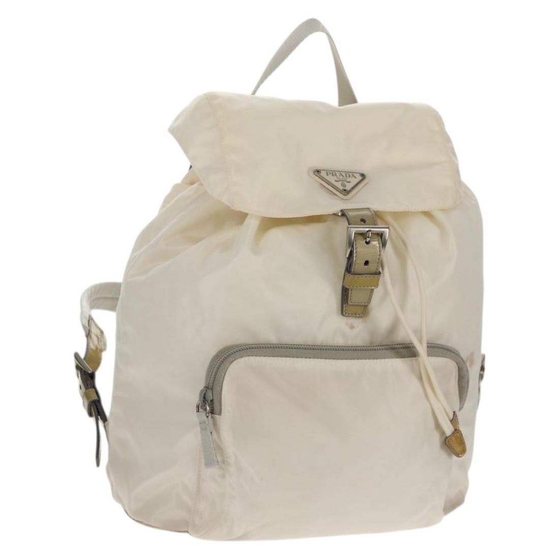Prada White Silver Nylon Women Backpack with Guarantee Card: Prada White Silver Nylon Women Backpack with Guarantee Card This PRADA backpack is crafted from nylon in a white and silver color scheme. Designed for women, it features a spacious main compartment an