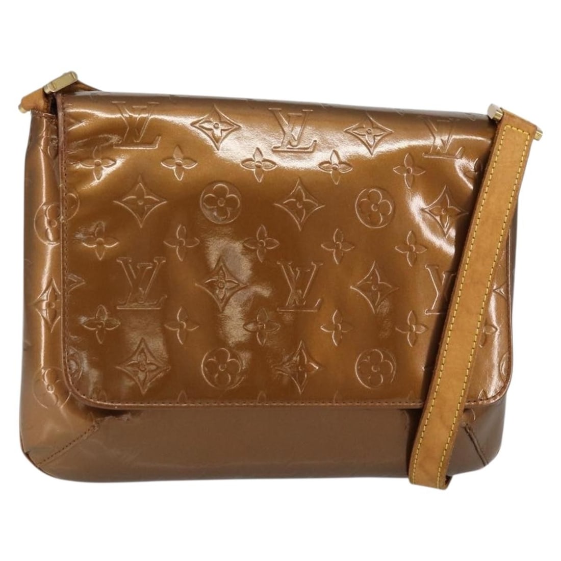 LOUIS VUITTON Monogram Vernis Thompson Street Bag Bronze M91124 Authenticated: LOUIS VUITTON Monogram Vernis Thompson Street Bag Bronze M91124 Authenticated The LOUIS VUITTON Monogram Vernis Thompson Street Bag in a striking bronze hue is a stylish shoulder bag crafted from high