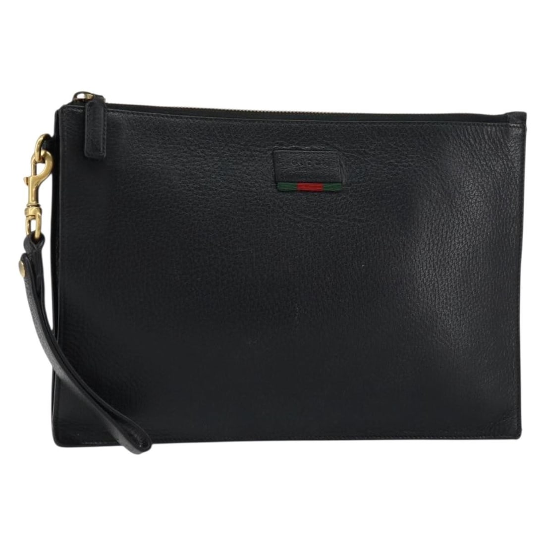 Black Leather Web Sherry Line Clutch by Gucci Model 428758: Black Leather Web Sherry Line Clutch by Gucci Model 428758 This Gucci Web Sherry Line clutch bag features black leather with gold-tone accents. The bag is made in Italy and is part of the 428758 produ