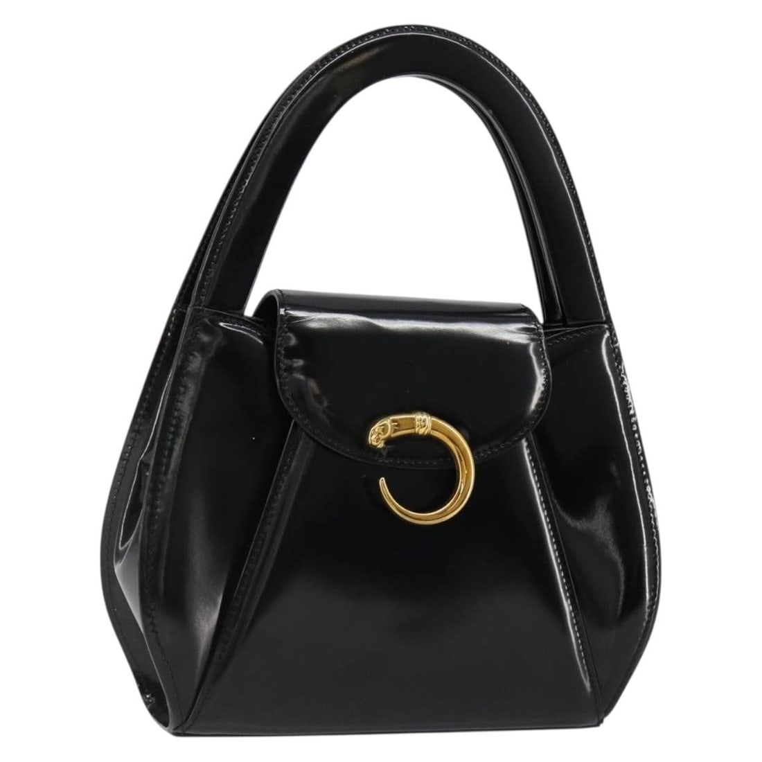 Cartier Panthere patent leather handbag black silver tone France: Cartier Panthere patent leather handbag black silver tone France Black and silver Cartier handbag in patent leather, made in France. The bag measures approximately 19 cm wide, 18 cm high, and 6 cm dee