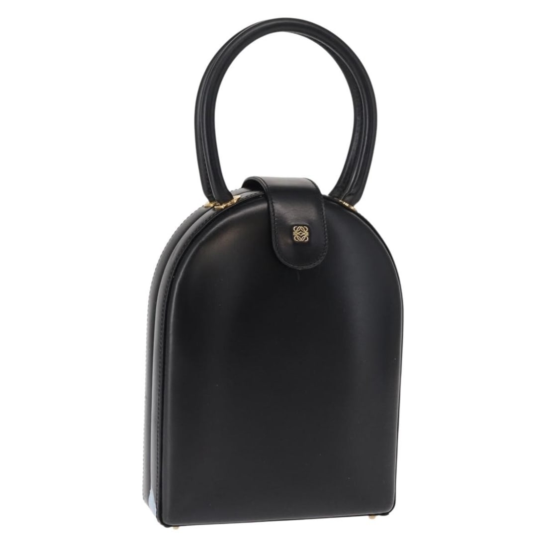 LOEWE Anagram Leather Handbag Black Gold Tone Spain: LOEWE Anagram Leather Handbag Black Gold Tone Spain A black and gold LOEWE leather hand bag made in Spain. The bag measures approximately 16 cm wide, 21 cm high, and 4 cm deep, with a handle drop of a