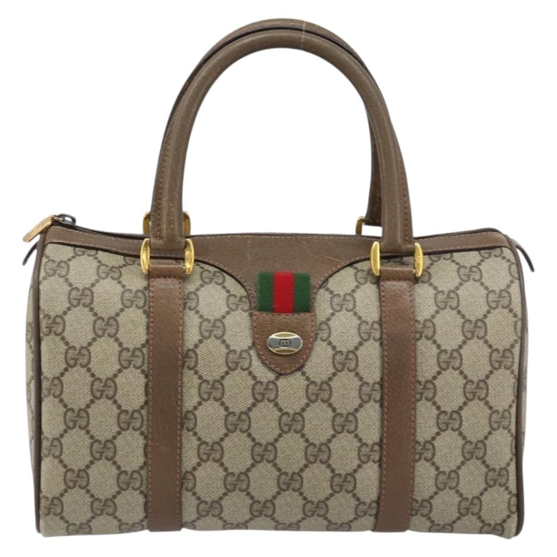 Gucci 39 02 006 Boston Bag GG Supreme PVC Leather Beige Gold: Gucci 39 02 006 Boston Bag GG Supreme PVC Leather Beige Gold Vintage Gucci Boston bag from the GG Supreme Web Sherry Line in beige and gold. This women's handbag is made of PVC leather with GG canvas 