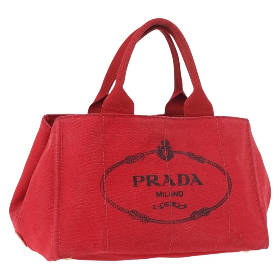 Prada Canapa MM Red Canvas Handbag: Prada Canapa MM Red Canvas Handbag PRADA Canapa MM hand bag in red canvas, made in Turkey. The item is heavily used with visible wear, including out-of-shape surface, rubbing, slight stains, rubbing o