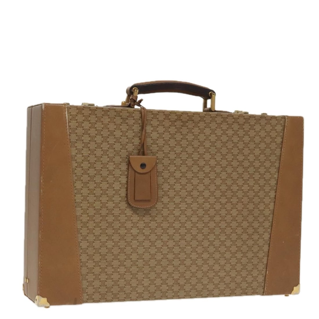 Celine Macadam Canvas Trunk Black Gold Leather Attache Case with Name Tag: Celine Macadam Canvas Trunk Black Gold Leather Attache Case with Name Tag This CELINE attache case trunk features a classic design crafted from leather in a black and gold color scheme. It includes a 