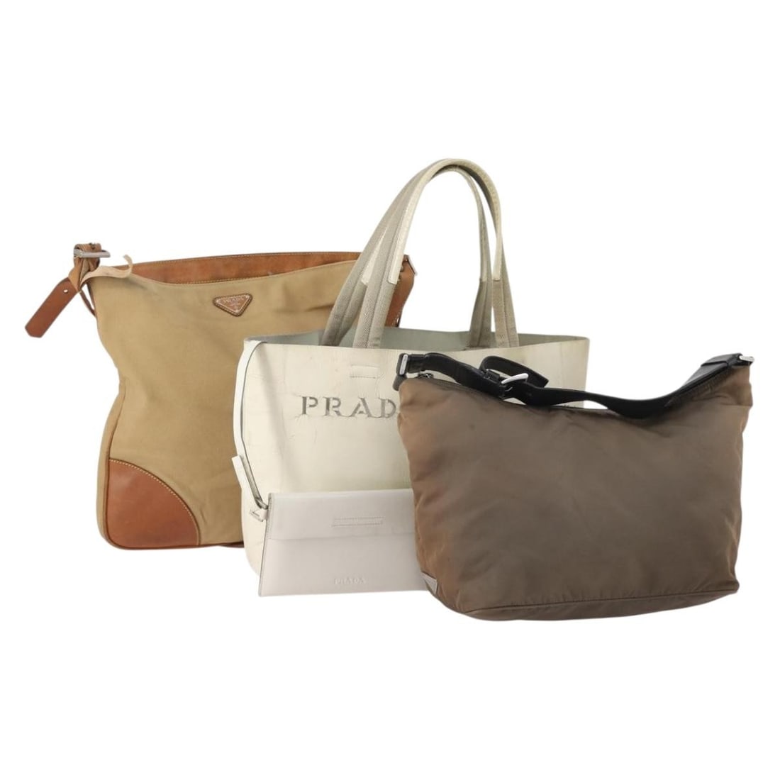 Prada 3 Piece Shoulder Bag Set Canvas Brown White: Prada 3 Piece Shoulder Bag Set Canvas Brown White PRADA shoulder bag set in brown and white, made from canvas and leather, and made in Italy. This is a special set sale and includes only the item show