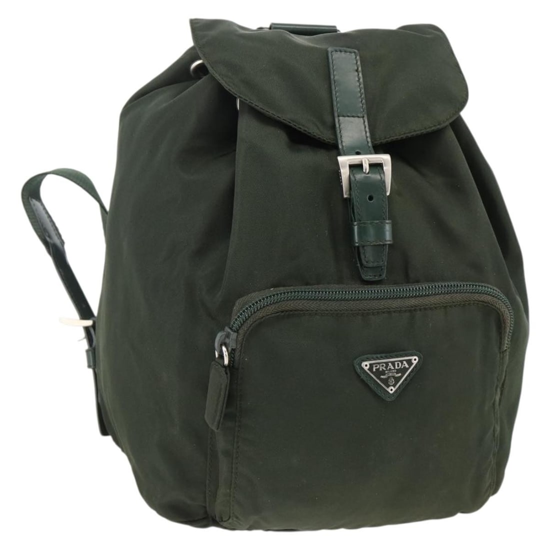 PRADA Nylon Backpack in Green with Silver Tone Hardware: PRADA Nylon Backpack in Green with Silver Tone Hardware Prada backpack in green and silver nylon, made in Italy. It measures approximately W22 cm x H24 cm x D14 cm (W8.7 x H9.4 x D5.5 inches). The ite