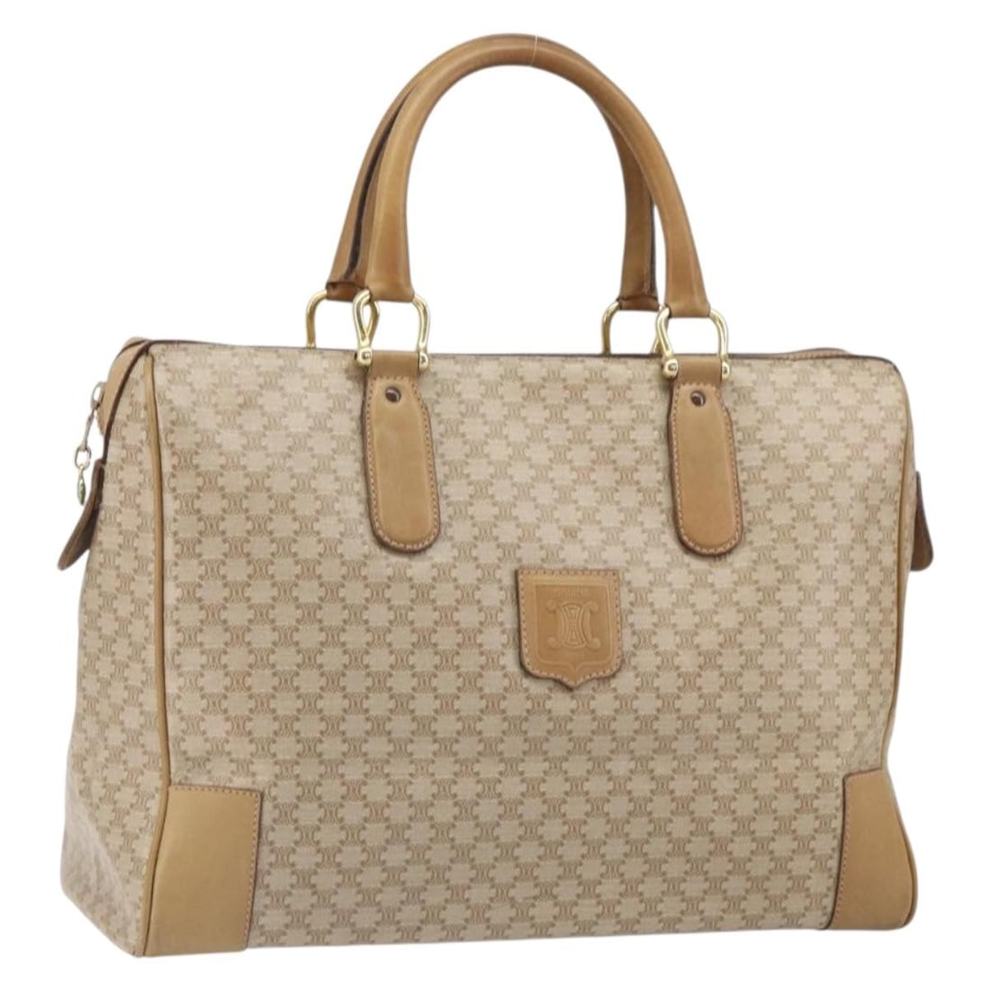 Celine Boston Bag Macadam Canvas Beige Gold PVC Leather Handbag: Celine Boston Bag Macadam Canvas Beige Gold PVC Leather Handbag This CELINE Boston bag features classic Macadam canvas with beige and gold tones. Crafted from PVC leather, it offers a spacious main co