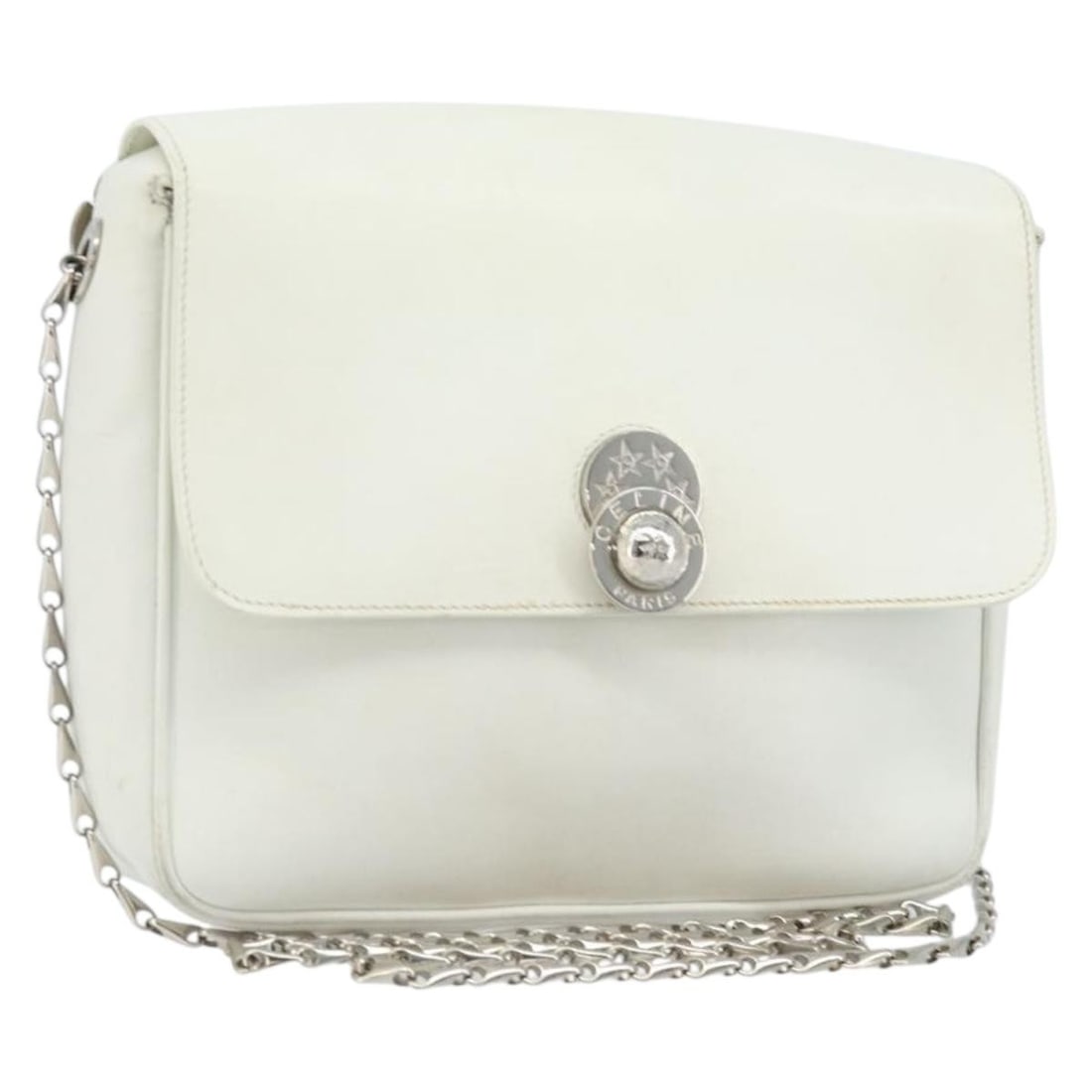 Celine Star Ball Leather Shoulder Bag White Silver Italy: Celine Star Ball Leather Shoulder Bag White Silver Italy A CELINE shoulder bag in white leather with silver-tone accents. It features a ball chain shoulder strap and was made in Italy. The item is off