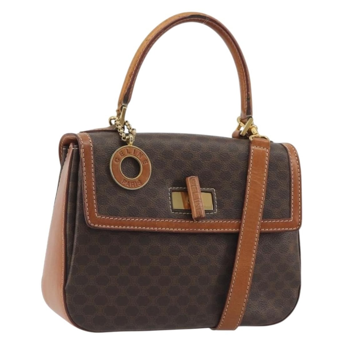 Celine Macadam 2way Brown PVC Leather Handbag with Shoulder Strap: Celine Macadam 2way Brown PVC Leather Handbag with Shoulder Strap Brown and gold tone CELINE handbag in PVC leather and Macadam canvas, made in Italy. It comes with a shoulder strap for two-way wear. 