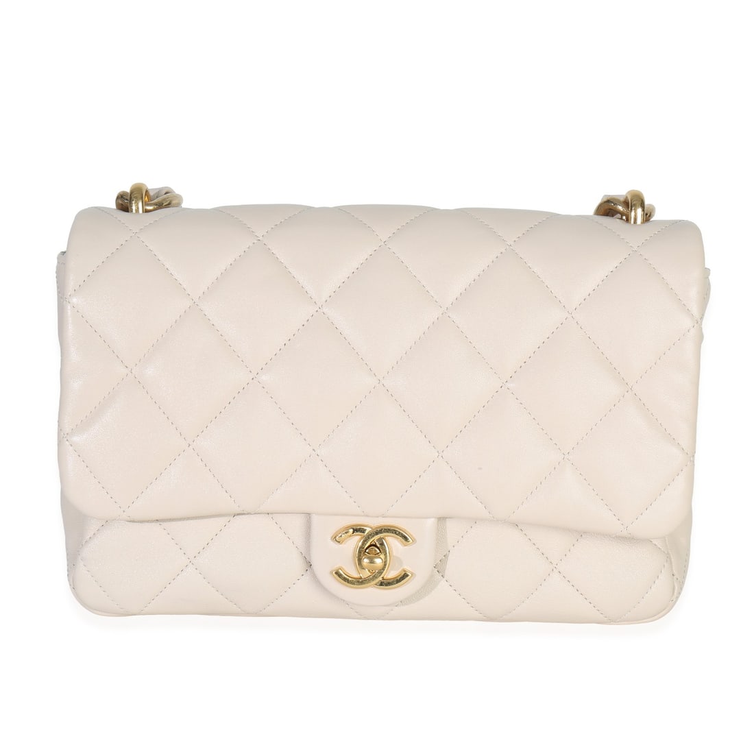 Chanel Funky Town Flap Shoulder Bag Beige Quilted Lambskin Large: Chanel Funky Town Flap Shoulder Bag Beige Quilted Lambskin Large Beige quilted lambskin flap bag with a shoulder bag style and turnlock closure. It features a fabric lining in pink, gold-tone hardware