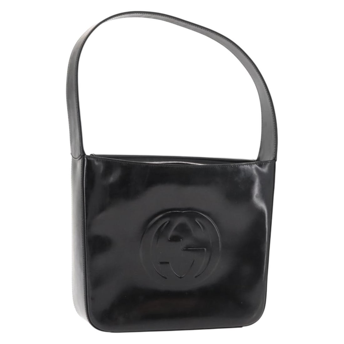 GUCCI 145286 black enamel shoulder bag silver tone: GUCCI 145286 black enamel shoulder bag silver tone Authentic Gucci shoulder bag in black and silver enamel. This women's bag was made in Italy and features a shoulder strap. It is a heavily used piece