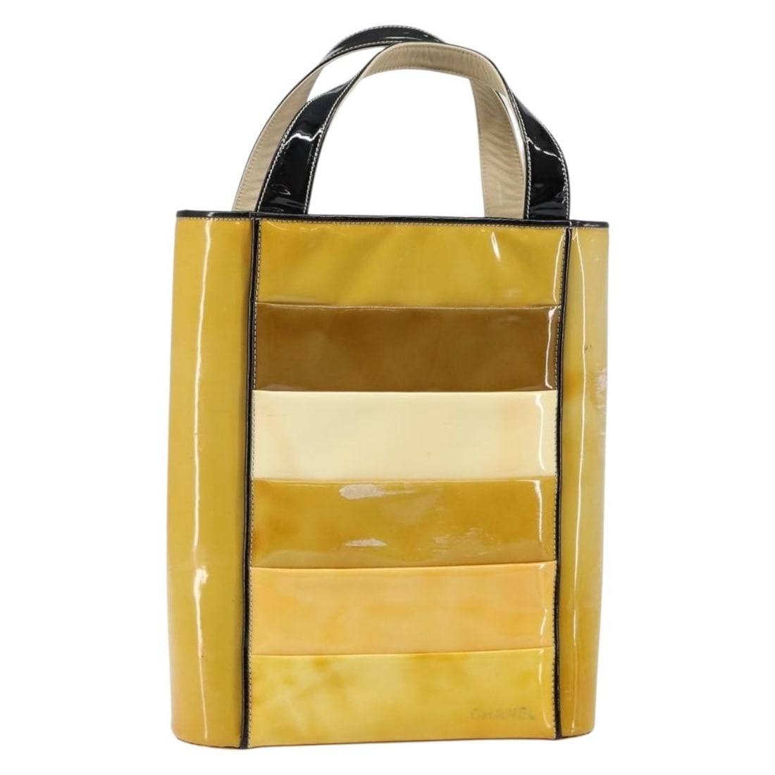 CHANEL Yellow Gold Enamel Tote Bag with Auth Card: CHANEL Yellow Gold Enamel Tote Bag with Auth Card This stunning CHANEL Tote Bag combines a chic design with a vibrant yellow gold enamel finish, exuding luxury and style. Crafted in Italy, this tote f