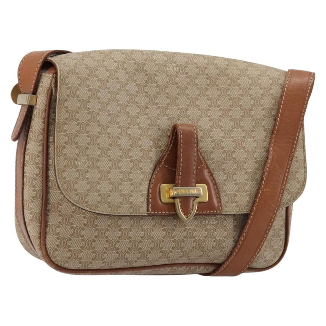 CELINE Macadam Shoulder Bag in Beige PVC Leather Italy: CELINE Macadam Shoulder Bag in Beige PVC Leather Italy Celine Macadam canvas shoulder bag in beige with gold-tone accents, made in Italy. This women's bag features a PVC leather and Macadam canvas con