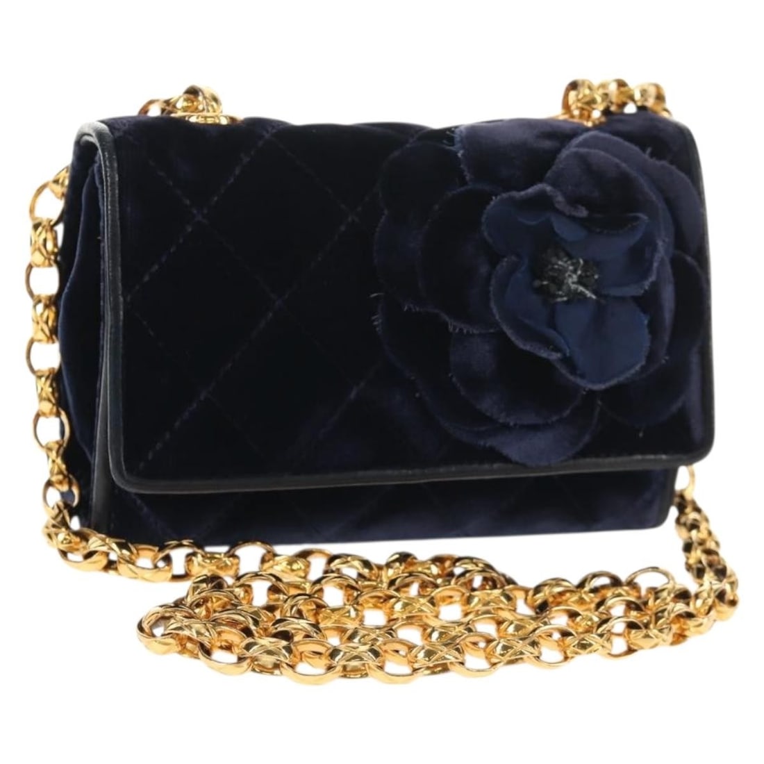 CHANEL Camellia Matelasse Velor Shoulder Bag Navy Gold Flap Chain: CHANEL Camellia Matelasse Velor Shoulder Bag Navy Gold Flap Chain CHANEL Camellia Matelasse flap chain shoulder bag in navy and gold velor. It measures approximately W15 cm x H11 cm x D4 cm, with a sh