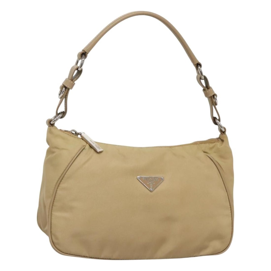 PRADA Beige Nylon Shoulder Bag with Silver Tone Accents: PRADA Beige Nylon Shoulder Bag with Silver Tone Accents This PRADA shoulder bag is crafted from beige and silver nylon and designed for women. Made in Italy, it features a practical shoulder strap wit